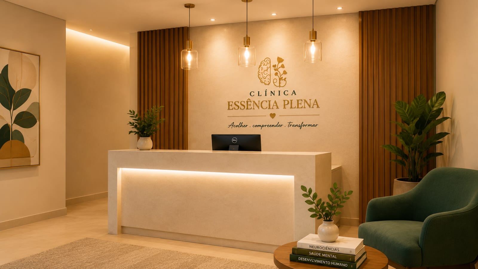 Recepção da Clínica Essência Plena, ambiente acolhedor em tons de dourado e verde